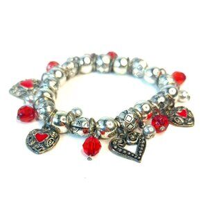 Vintage Red Silver Tone Beads Hearts Charm Fashion Elastic Bracelet
